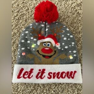 Light Up Gray Reindeer Beanie with Red Pom Pom